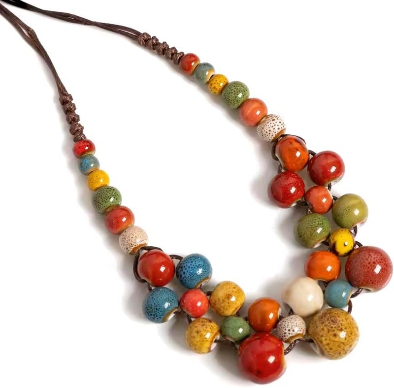 KURTCB Boho Hippie Ceramic Beaded Necklace for Women Statement Chunky Bohemian Fall Colorful Beads Strand Summer Necklace - Image 5